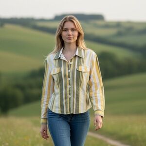 Mondi Vintage Green and Yellow Striped Button-Down Shirt